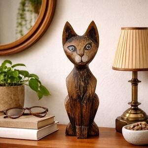 Vintage 15" Carved Wood Cat Sculpture Statue Figurine Mid Century MCM Brown